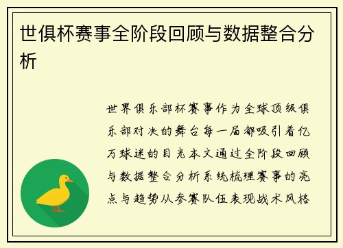 世俱杯赛事全阶段回顾与数据整合分析