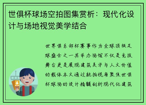 世俱杯球场空拍图集赏析：现代化设计与场地视觉美学结合