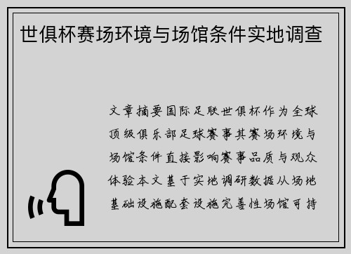 世俱杯赛场环境与场馆条件实地调查